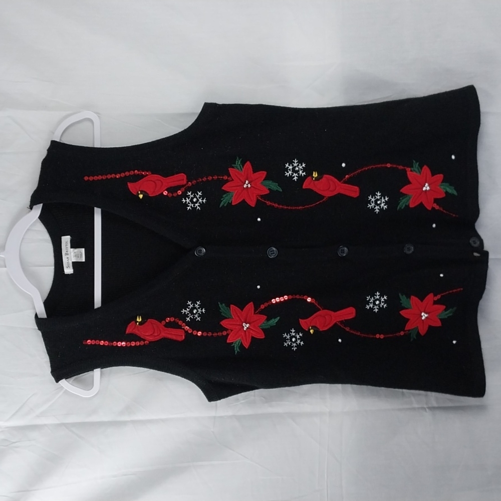 Vintage Susan Bristol Black Red Cardinals  Poinsettias Christmas Vest Si…